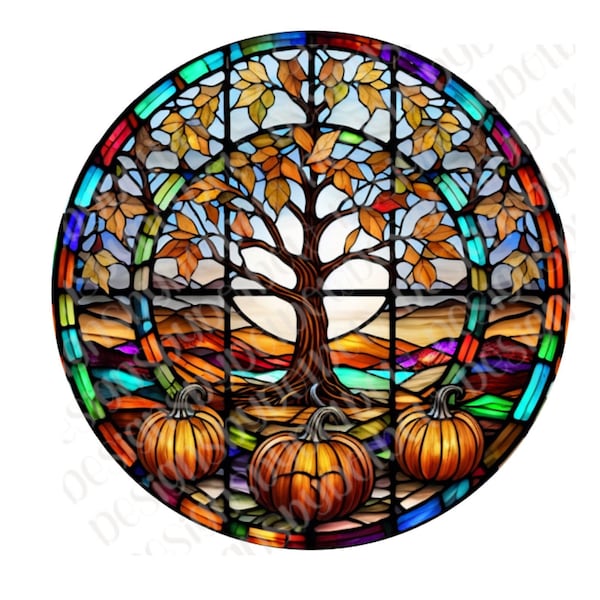 Faux Stained Glass Pumpkins Tree Happy Halloween Spooky Wreath Sign Metal Wreath Sign