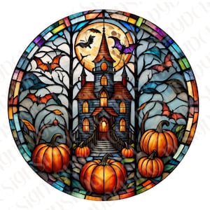 Faux Stained Glass Pumpkins Scary Haunted House Bats Happy Halloween Spooky Wreath Sign Metal Wreath Sign