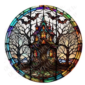 Faux Stained Glass Pumpkins Scary Haunted House Bats Happy Halloween Spooky Wreath Sign Metal Wreath Sign