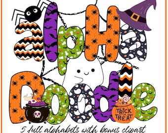 Halloween Doodle letters with Clip Art PNG Files, Doodle Alpha Bundle, Make your own Name, Halloween Alphabet Doodle Set  with Clipart PNG