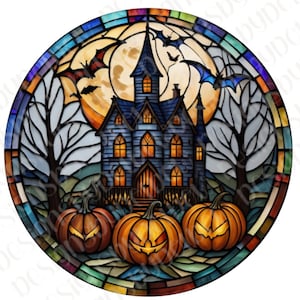 Faux Stained Glass Pumpkins Scary Haunted House Bats Happy Halloween Spooky Wreath Sign Metal Wreath Sign