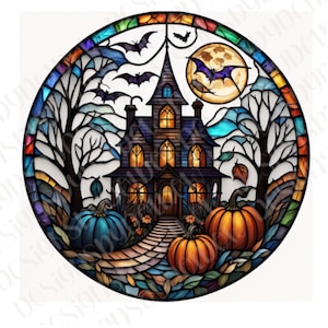 Faux Stained Glass Pumpkins Scary Haunted House Bats Happy Halloween Spooky Wreath Sign Metal Wreath Sign