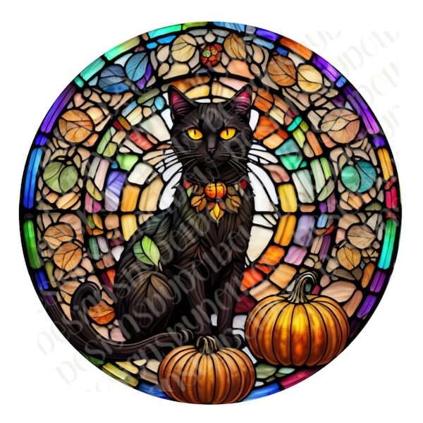 Faux Stained Glass Pumpkins Black Cat Happy Halloween Spooky Wreath Sign Metal Wreath Sign