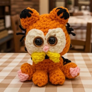 Puede incluir: Muñeco de gato de ganchillo naranja hecho a mano con detalles negros, ojos blancos grandes y pajarita amarilla. El muñeco tiene patas rosas y está sobre un mantel a cuadros. Diseño inspirado en Garfield.