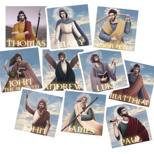 Può includere: Un collage di 11 illustrazioni colorate che raffigurano vari personaggi della Bibbia. Ogni illustrazione presenta una persona con un'aureola e un'etichetta con il suo nome sotto. Le figure includono Tommaso, Maria, Simon Pietro, Giovanni il prediletto, Andrea, Luca, Matteo, Giovanni, Giacomo e Paolo.