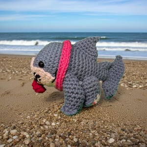 May include: A handmade crochet shark toy in shades of gray, pink, and red, with black button eyes. The shark is wearing a pink collar and has a red tongue sticking out. The toy is on a sandy beach with the ocean in the background.