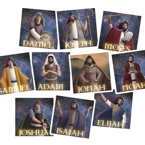 May include: A set of 10 illustrated cards featuring different biblical figures. Each card has a colorful background with stars and a portrait of a figure with their name written below. The figures include Daniel, Joseph, Moses, Samuel, Adam, Jonah, Noah, Joshua, Isaiah, and Elijah.