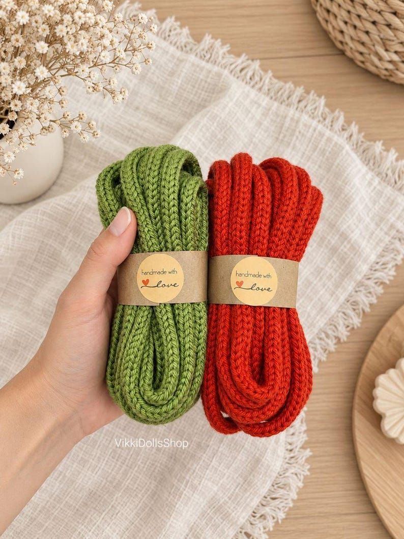 May include: Two bundles of thick, knitted cord in olive green and bright red. Each bundle is secured with a brown paper band featuring the text 'handmade with love' and a small red heart icon. The cords have a visible, textured knit pattern.