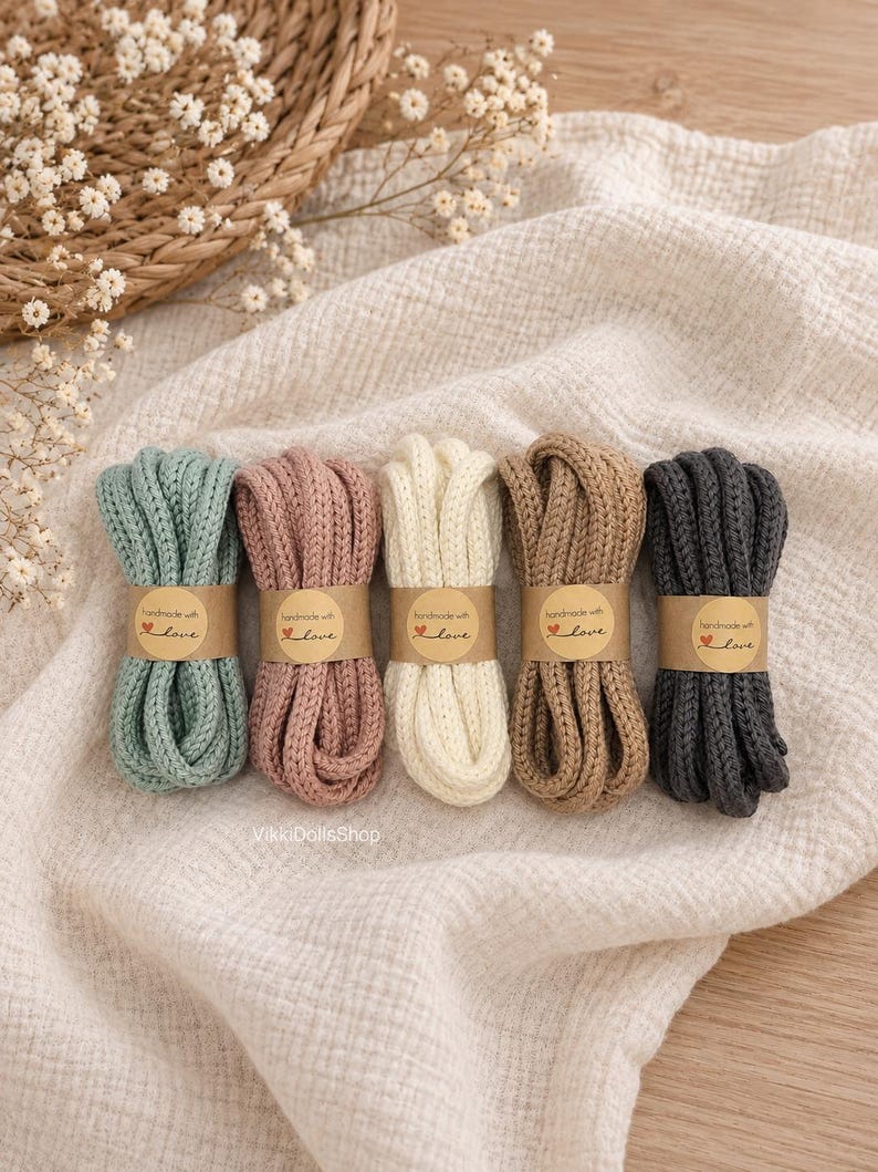 May include: Five bundles of thick, braided cotton cord in sage green, dusty rose, cream, tan, and charcoal gray. Each bundle is secured with a tan paper band printed with the text 'handmade with love' and a small red heart icon.