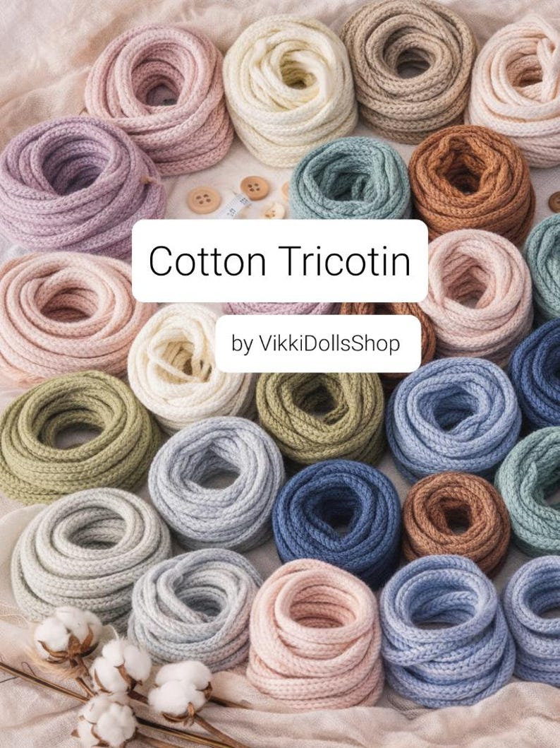 May include: A collection of coiled cotton tricot cords in various pastel and earth tones, including pink, blue, green, and brown. The image features the text Cotton Tricotin by VikkiDollsShop and several small wooden buttons.