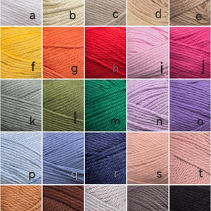 May include: A grid of twenty-five skeins of yarn in various colors, each labeled with a lowercase letter from a to y. The colors include white, cream, beige, tan, yellow, orange, red, pink, magenta, gray, olive, green, lavender, purple, blue, navy, peach, brown, and black.