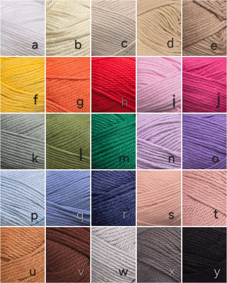 May include: A grid of twenty-five skeins of yarn in various colors, each labeled with a lowercase letter from a to y. The colors include white, cream, beige, tan, yellow, orange, red, pink, magenta, gray, olive, green, lavender, purple, blue, navy, peach, brown, and black.