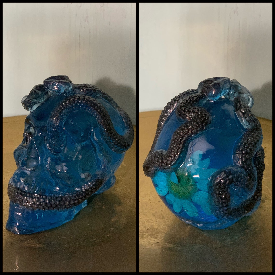 Resin skull with snakes real flowers Etsy
