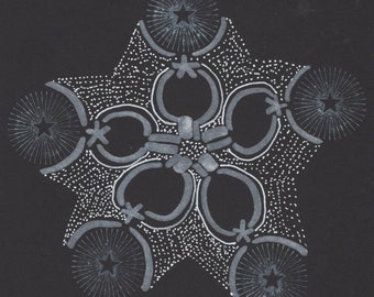 Starbright 6"x6" White on Black Drawing of Star Pattern using Stamps, White Ink, and White Pens