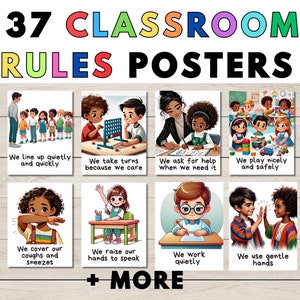 37 Printable Classroom rules posters for daycare, preschool, kindergarten, elementary, positive behaviors for kids, visual pictures decor