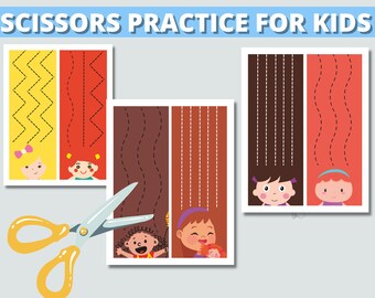 Scissor Cutting Practice Skills Pre-K Worksheet, Pretend Play Barber Shop,  Printable Scissor Practice, Preschool Kindergarten, Hair Cutting
