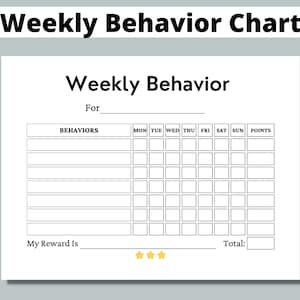 May include: A black and white printable weekly behavior chart with a section for listing behaviors, a grid for tracking points earned each day of the week, and a space for a reward and total points earned.