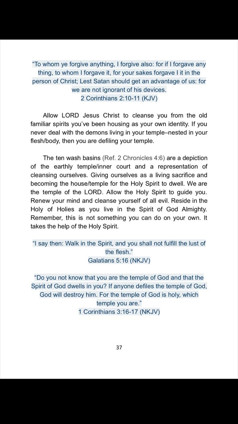 May include: A book page featuring religious text, including quotes from the Bible. The text includes references such as 2 Corinthians 2:10-11 (KJV) and Galatians 5:16 (NKJV). The page number 37 is visible at the bottom.
