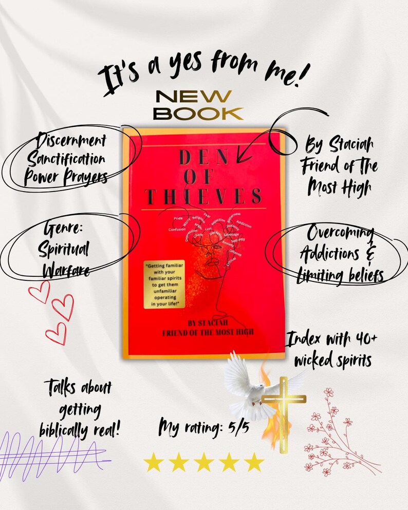 May include: A red book titled "Den of Thieves" with gold trim, featuring the text "New Book." The cover includes an illustration and the author's name. Additional text highlights themes of spiritual warfare and overcoming addictions.