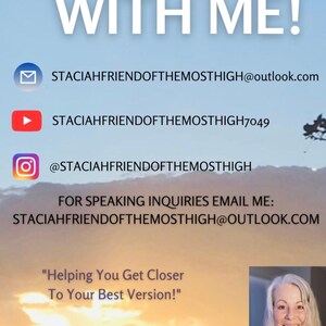 May include: Image featuring the text "CONNECT WITH ME!" alongside contact details: an email address, YouTube channel, and Instagram handle. A quote from Psalm 51:10 and a photo of a smiling woman are also included.