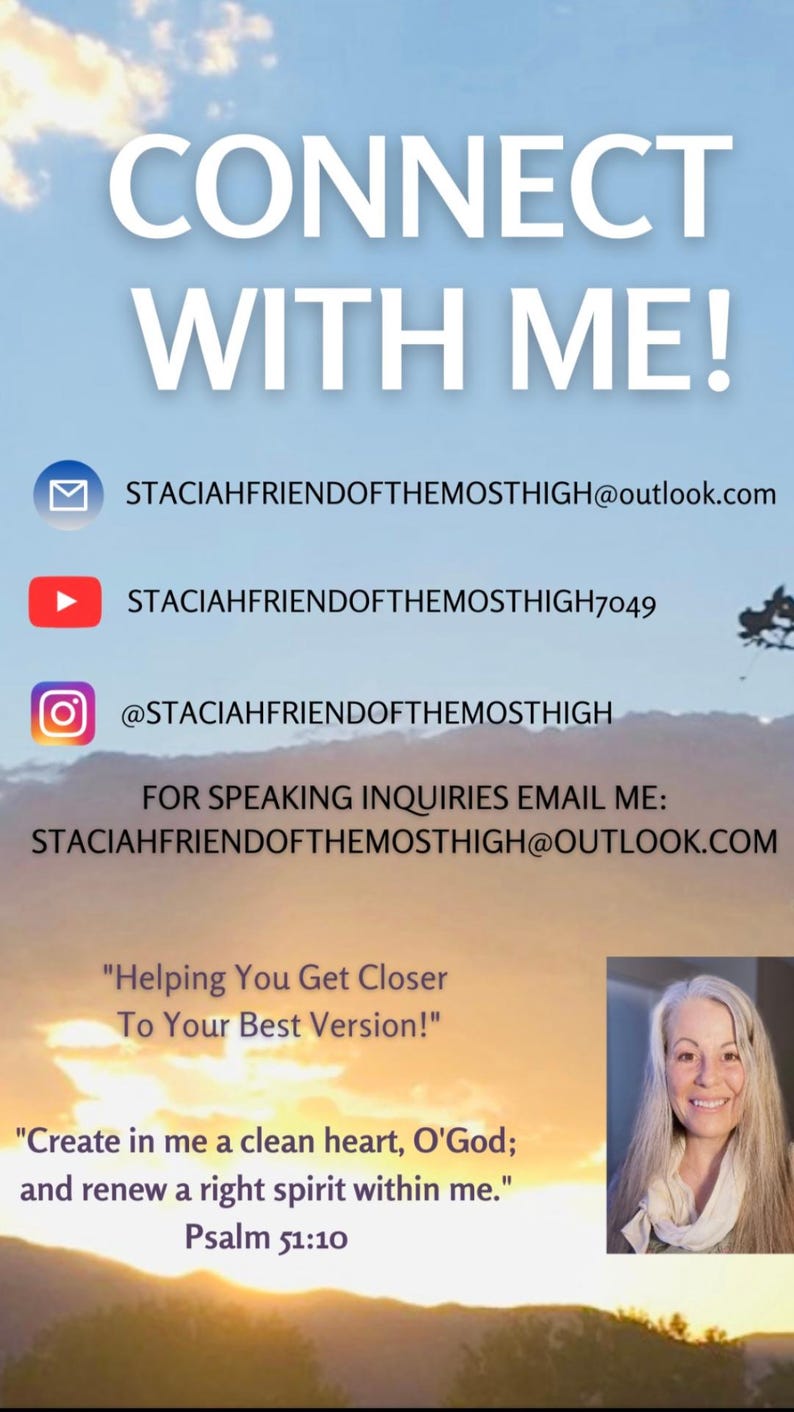 May include: Image featuring the text "CONNECT WITH ME!" alongside contact details: an email address, YouTube channel, and Instagram handle. A quote from Psalm 51:10 and a photo of a smiling woman are also included.
