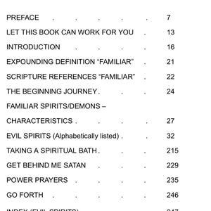 May include: A contents page from a book, listing chapter titles and corresponding page numbers. The heading "CONTENTS" is displayed at the top. Chapters include "Preface," "Introduction," and "Evil Spirits." Page numbers are right-aligned.