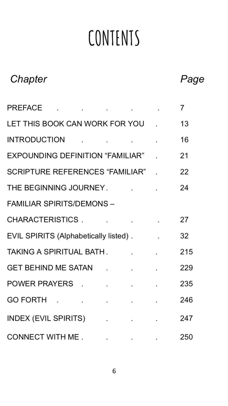 May include: A contents page from a book, listing chapter titles and corresponding page numbers. The heading "CONTENTS" is displayed at the top. Chapters include "Preface," "Introduction," and "Evil Spirits." Page numbers are right-aligned.