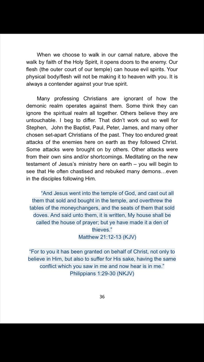 May include: A book page featuring religious text, including quotes from Matthew 21:12-13 and Philippians 1:29-30. The page number '36' is displayed at the bottom. The text discusses spiritual themes.