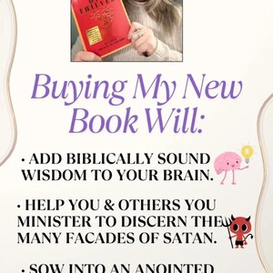 May include: A woman holding a book with a red cover, titled "Den of Thieves". The image features text promoting the book, promising to add wisdom, help discern facades, and support ministry.