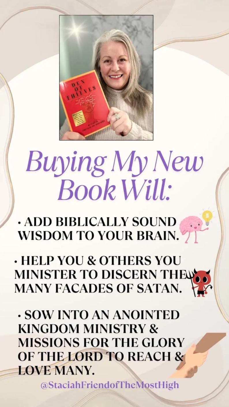 May include: A woman holding a book with a red cover, titled "Den of Thieves". The image features text promoting the book, promising to add wisdom, help discern facades, and support ministry.