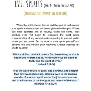 May include: A book page titled "EVIL SPIRITS" with the subtitle "RECOGNIZE THE ENEMIES IN YOUR LIFE." The text features biblical quotes, including 1 John 4:6 (KJV) and Hebrews 4:12 (KJV). Page number 32 is visible.