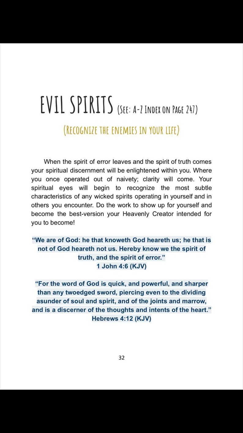 May include: A book page titled "EVIL SPIRITS" with the subtitle "RECOGNIZE THE ENEMIES IN YOUR LIFE." The text features biblical quotes, including 1 John 4:6 (KJV) and Hebrews 4:12 (KJV). Page number 32 is visible.
