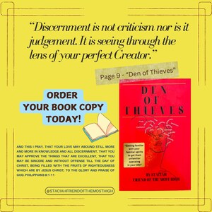May include: A yellow background with text and a book cover. The text includes a quote about discernment and the phrase "Order Your Book Copy Today!". The book cover is red with the title "Den of Thieves".