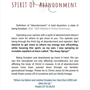 May include: A book page featuring the title "SPIRIT OF ABANDONMENT" in maroon. The text defines abandonment and its impact, with a quote from Psalm 27:10. The page includes a reference to the 1828 Webster's Online Dictionary. Page number 33.