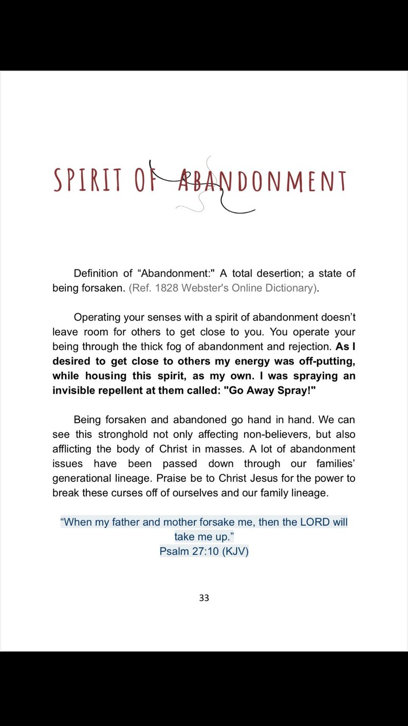 May include: A book page featuring the title "SPIRIT OF ABANDONMENT" in maroon. The text defines abandonment and its impact, with a quote from Psalm 27:10. The page includes a reference to the 1828 Webster's Online Dictionary. Page number 33.