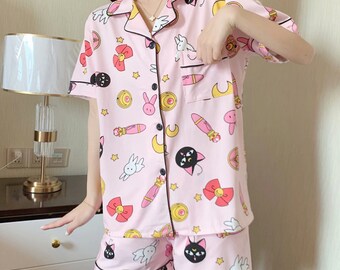 harajuku lolita shorts and top set vintage pink with bow motif 80s cotton pyjamas