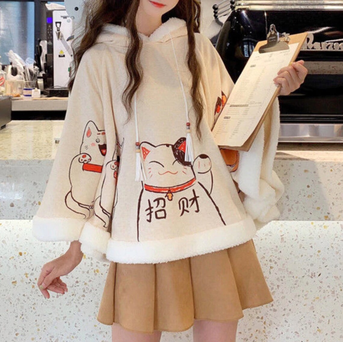 Harajuku Neko Cat Cape Poncho Oversize Cat Ears Hoodie Cream Etsy