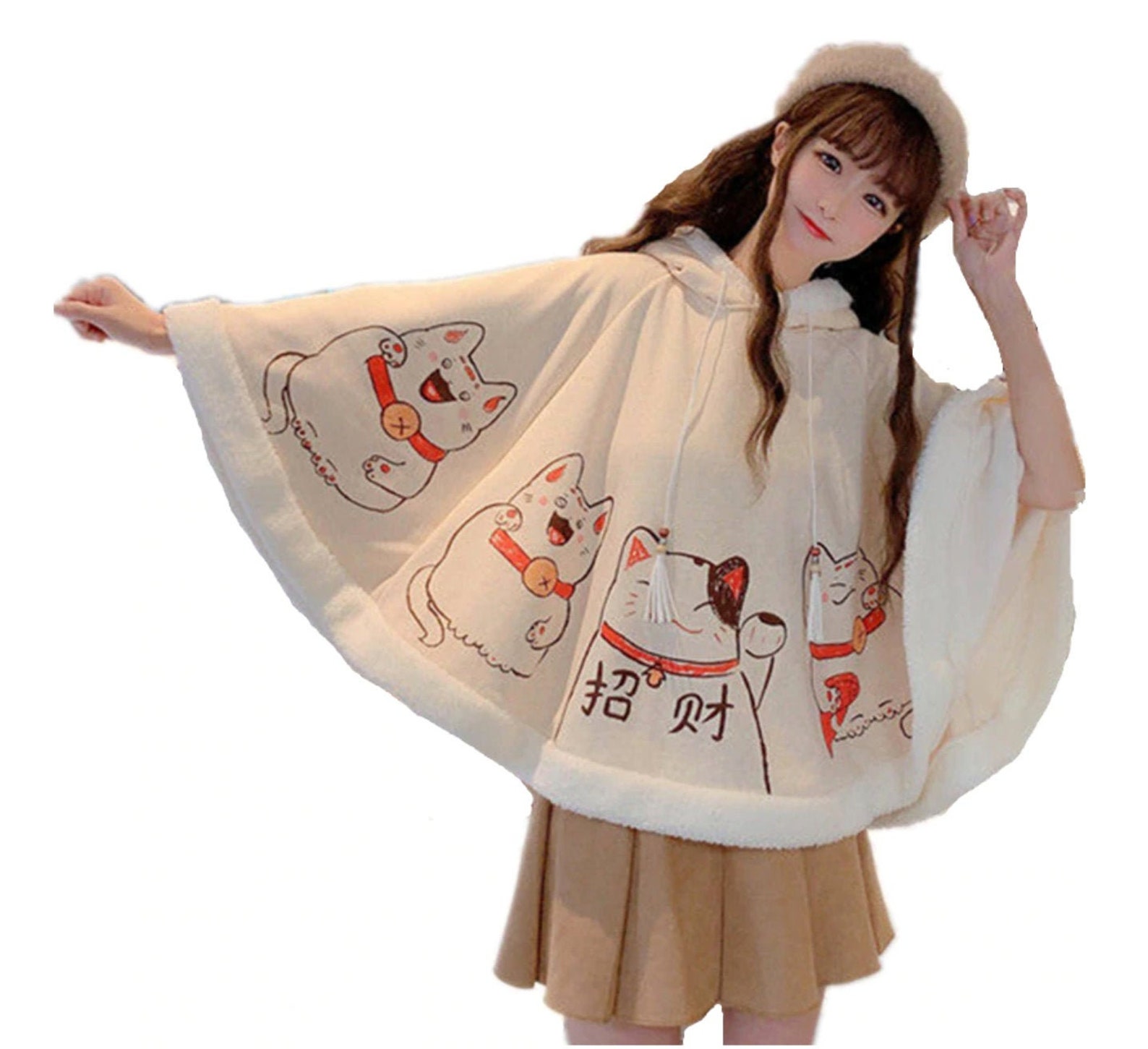 Harajuku Neko Cat Cape Poncho Oversize Cat Ears Hoodie Cream Etsy