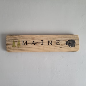 Maine Wood Sign / Reclaimed Barn Wood Rustic New England Decor Handmade Folk Art with Bear and Pine Tree