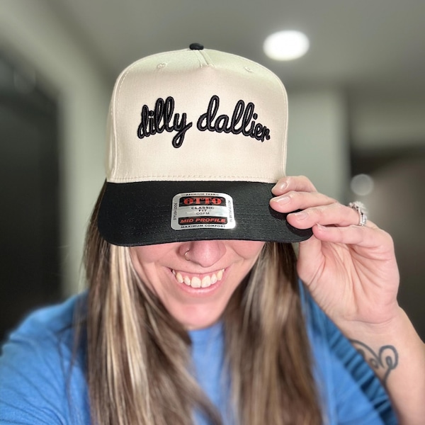 Dilly Dallier Embroidered Trucker Hat | Funny Statement Hat | Cream & Black Snapback | Boutique Style Cap