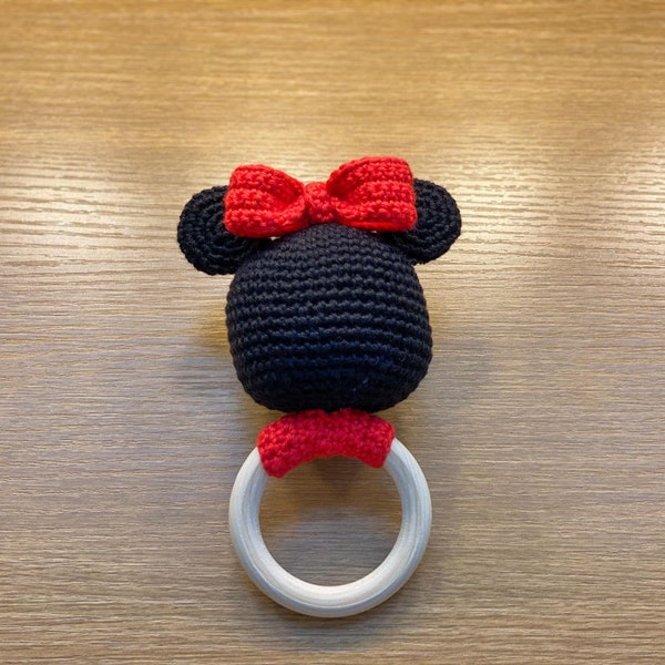 Beginner friendly PDF CROCHET PATTERN Minnie mouse rattle teething ring pattern, rattle toy, teether ring, amigurumi pattern