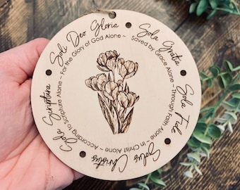 Engraved Five Solas Wood Ornament: Christian Reformed Theology Decor