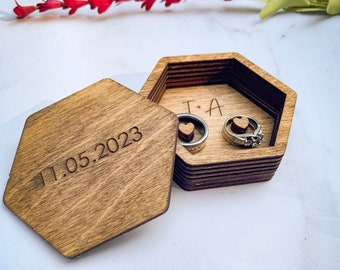 Custom Wooden Engraved Ring Box, Wedding Ring Box, Hexagon Ring Box, Wedding Photo Prop, Ring Box Display