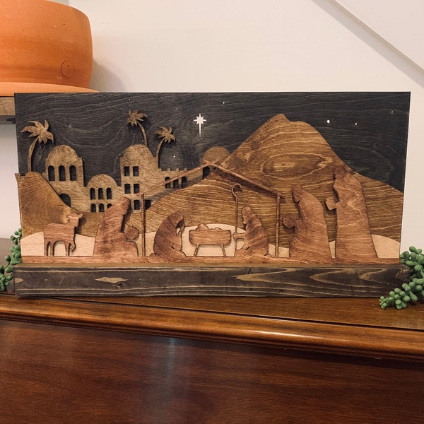 Wooden Laser-Cut Nativity, Layered Nativity, Wood Nativity, Christmas Nativity Décor, Christian Christmas Décor, Christiaan Nativity Scene