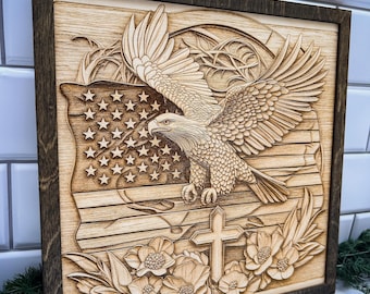 Engraved American Flag Art: Christian 3D Eagle Wood Decor