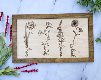 Personalized Birth Month Flowers Sign for Mom - Engraved Family Gift