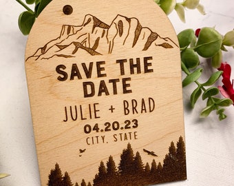 Mountain Themed Wedding Save the Date Wooden Engraved Magnet, Save the Date Magnet, Mountain Wedding, Nature Wedding