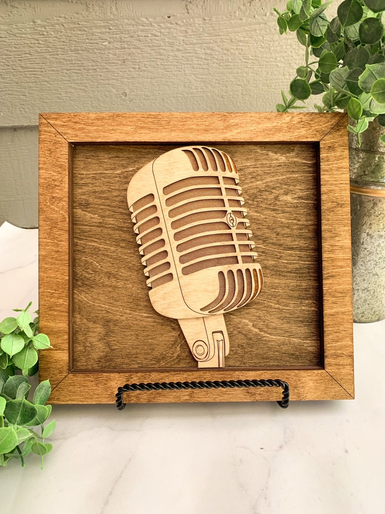 Retro Microphone Wooden Art Piece Musician Gift Idea image 1