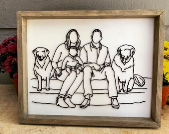 Custom Laser Cut Family Portrait with Pet: Framed Line Art Gift from Photo