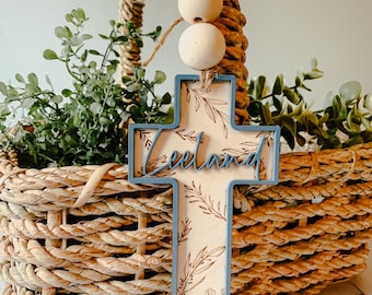 Personalized Easter Basket Tag: Engraved Wooden Floral Cross